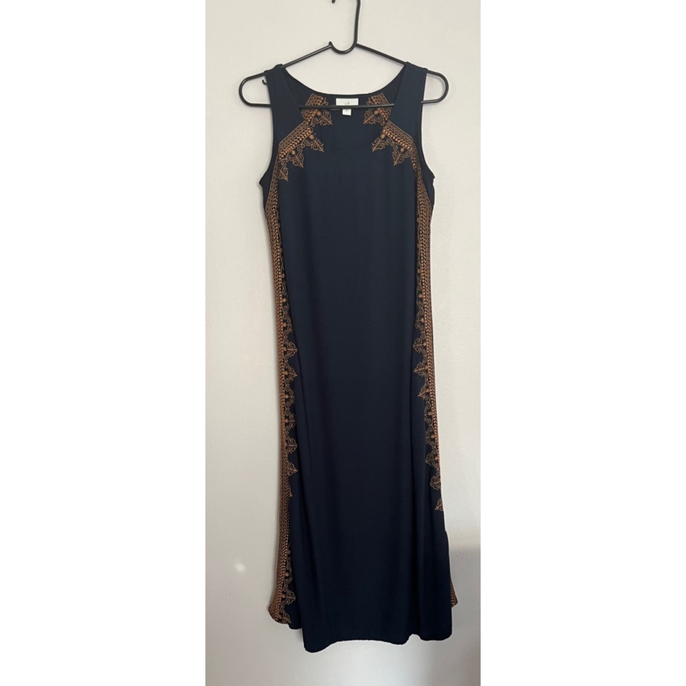 J. Jill long sleeveless navy blue dress gold embroidery size S
